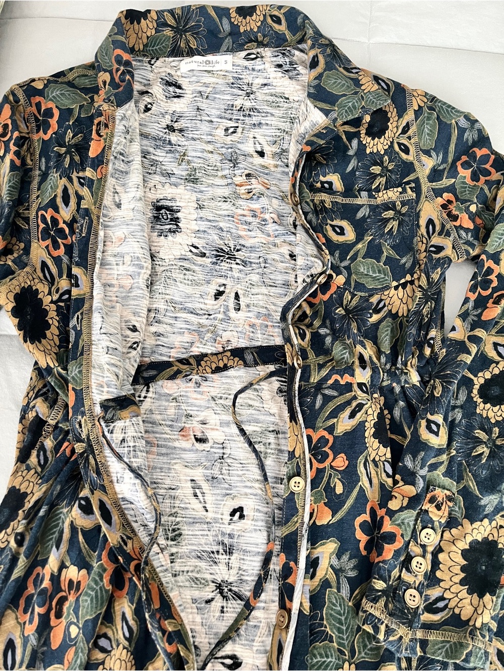 NATURAL LIFE Christa Cotton Midi Dress Navy Tan Dahlias, Button-Front (S) - Picture 4 of 7
